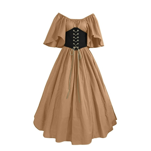 Gibobby Vestidos elegantes Disfraz medieval para mujer Vestido de camisa irlandesa con manga de trompeta con corsé Vestido tradicional Halloween Mujer M Disfraces de cosplay(Caqui, XXXXL)