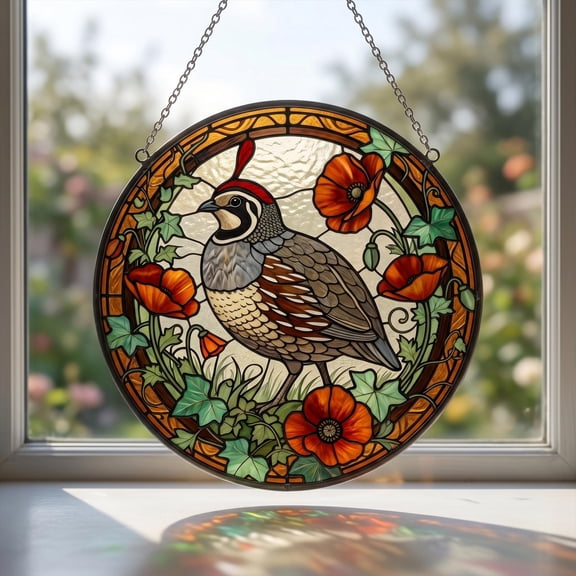 California Quail Faux Stained Glass Acrylic Suncatcher, Window Hanging Decor, Bird Lover Gift