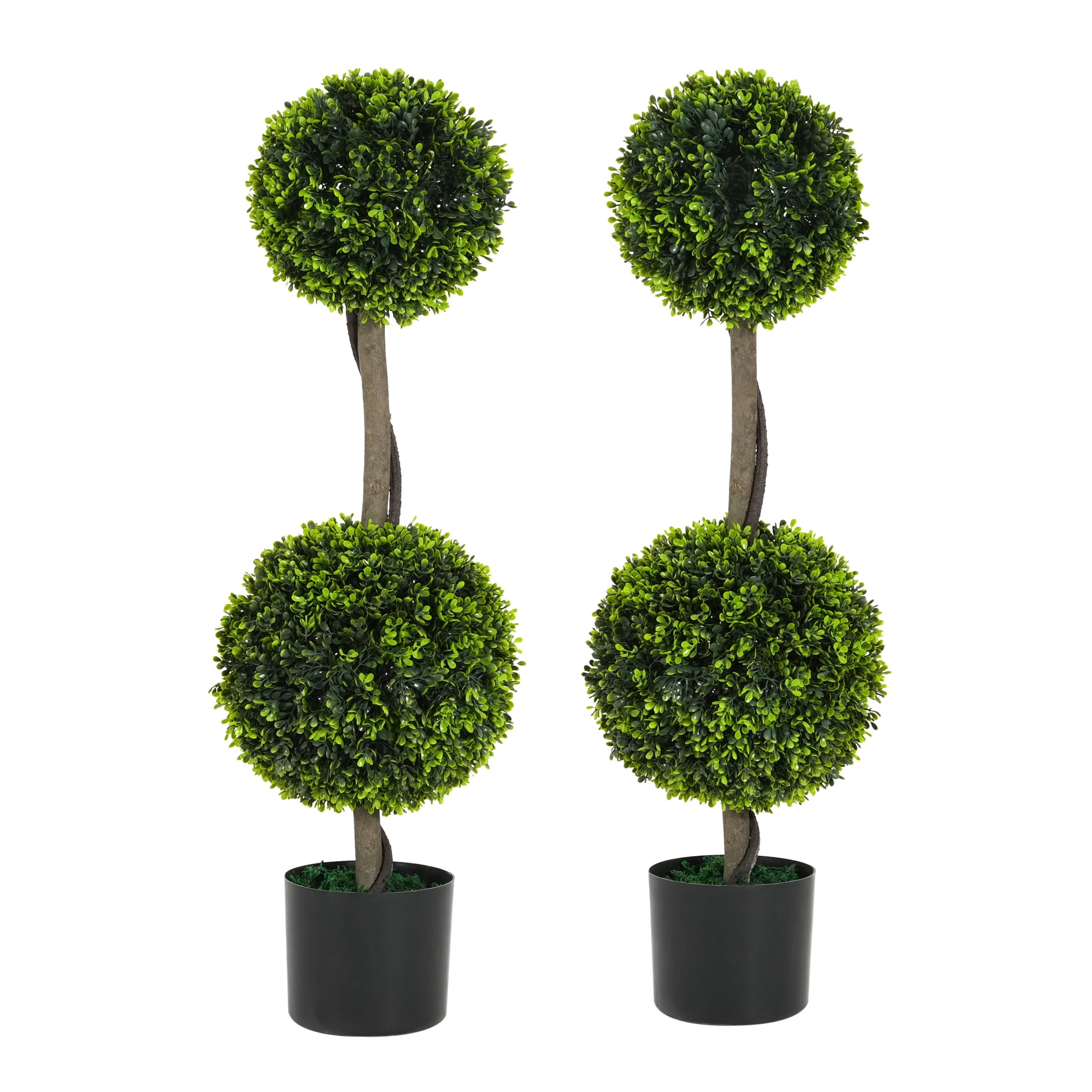 Christopher Knight Home 34" Topiary Boxwood Tree in Black Plastic Pot, Pre-Potted Faux Greenery Tree for Home Decor, Set of 2