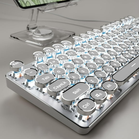 Typewriter Style Wired Mechanical Keyboard, 104 Keys Aesthetic Typewriter Keyboard with White Backlit, Anti-Ghosting, Blue Switch Wired Cute Keyboards
