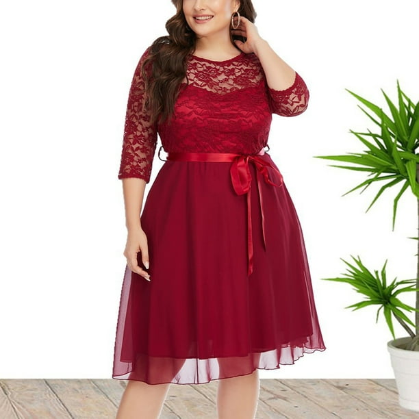 Women's Plus Size Evening Dresses Fashion Lace Chiffon Splicing 3/4 Sundress Dress - Walmart.com