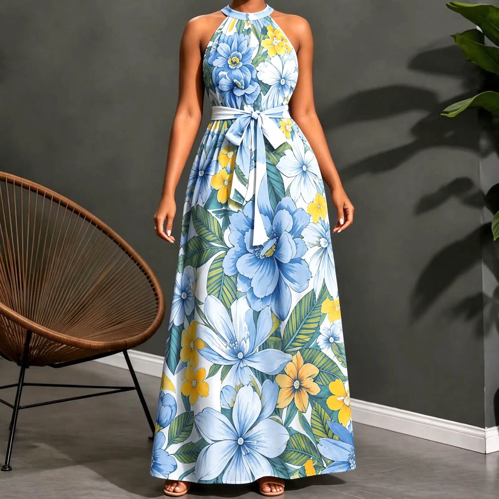 Women s Halter Neck Floral Print Maxi Dress Sleeveless Self-Tie Fabric Waist Sash Tropical Floral Pattern Suitable For Beach Getaways Tropical Sightseeing Trips Light Blue XXXL