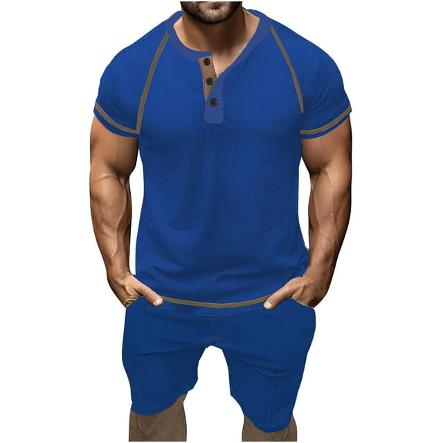 Gspmoly Chemises pour Hommes, Mode Décontractée Couleur Unie Blouses Courtes Col Rond Ensembles Hauts d'Été Offres de Vacances