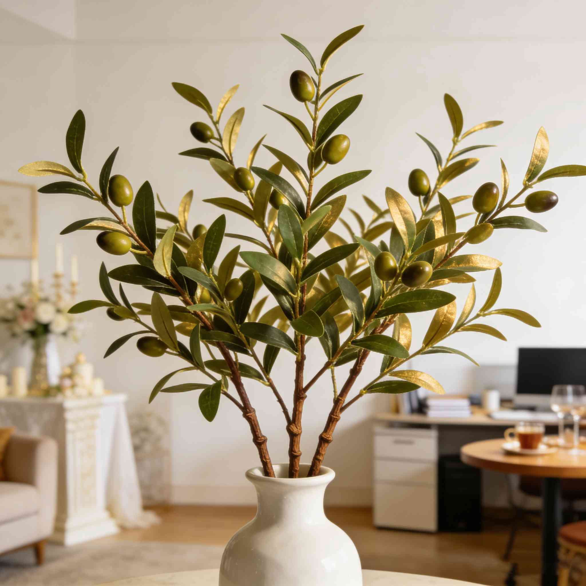 Trianu 6 Packs Artificial Olive Branch Greenery Stems, 20" Fake Plants with Leaves for Vase Faux Olive Branches Home Decor Indoor