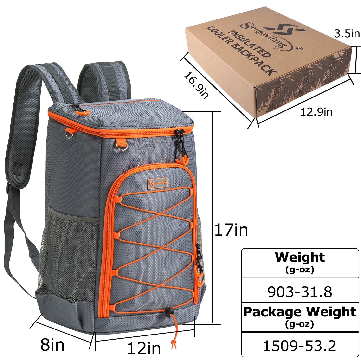 Sougayilang Backpack Cooler 25/30 Can Large Capacity Soft Sided Cooler Bag