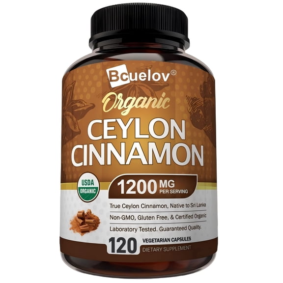 Bcuelov Organic Ceylon Cinnamon Supplement, 1200mg per Serving, 120 Vegetarian Capsules