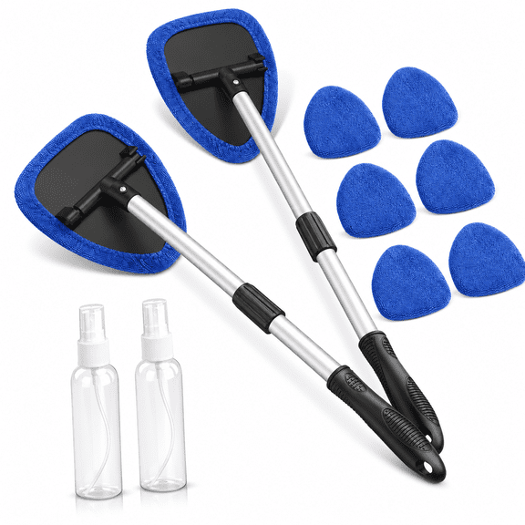 Windshield Cleaning Tool,Car Window Cleaner Windshield Cleaner with 8 Reusable and Washable Microfiber Pads and Extendable Handle Auto Inside Glass Wiper Kit,Blue,2 Pack