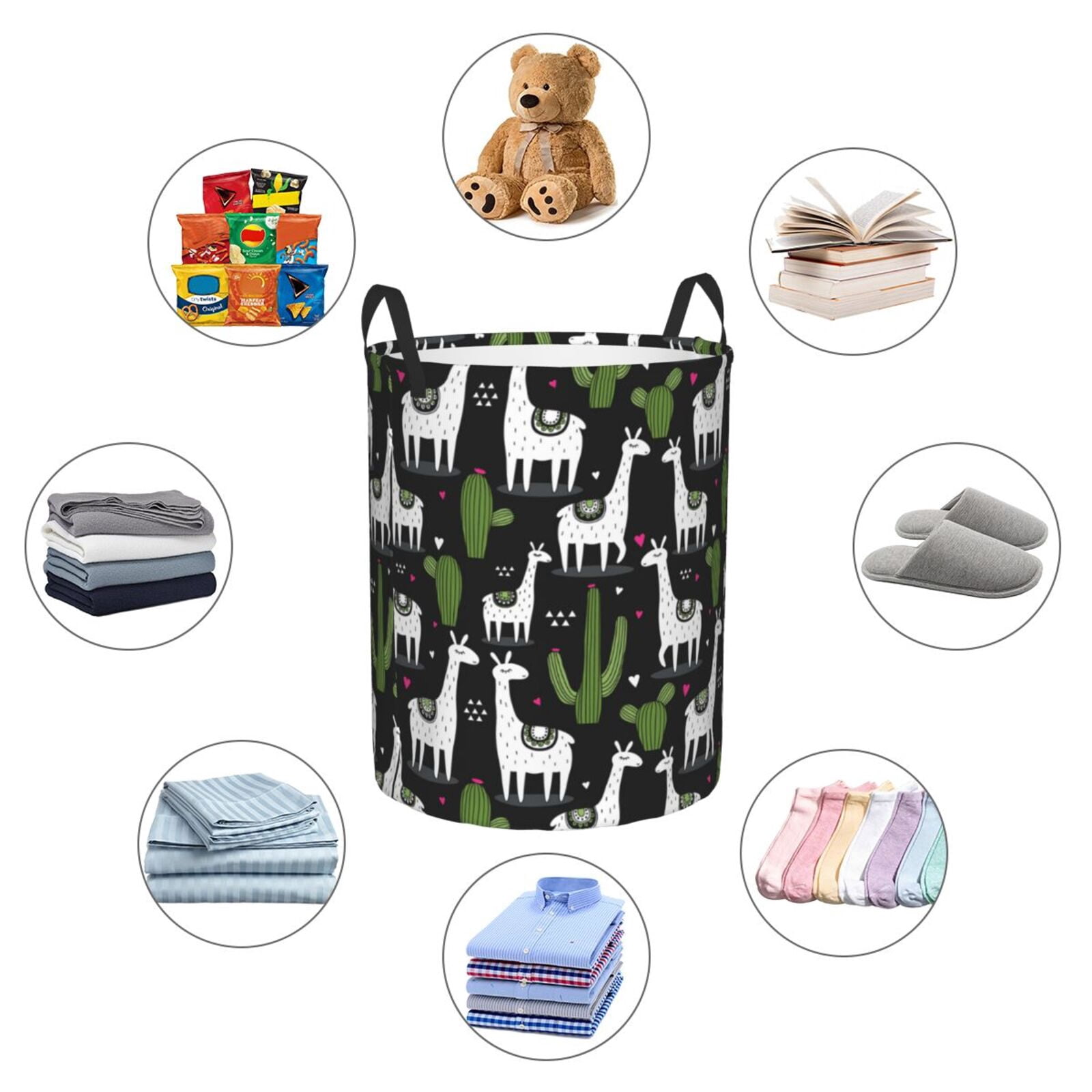 Large Laundry Basket with Handles - llama alpaca cactus heart black Kids Baby Dirty Clothes Laundry Hamper for Bedroom Aesthetic