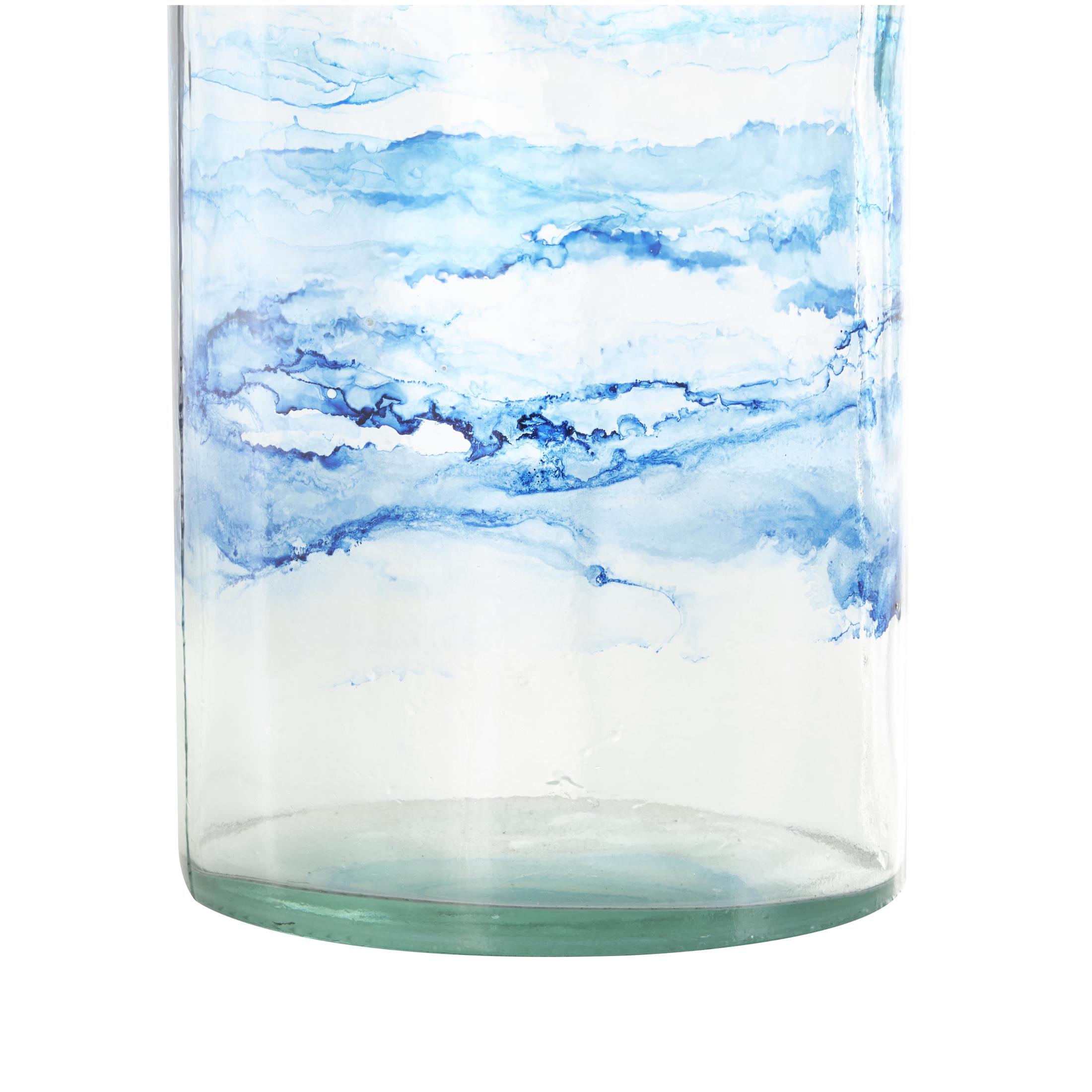 DecMode 18" Abstract Handmade Slim Spanish Bottle Neck Blue Recycled Glass Vase with Ombre Swirled Bands