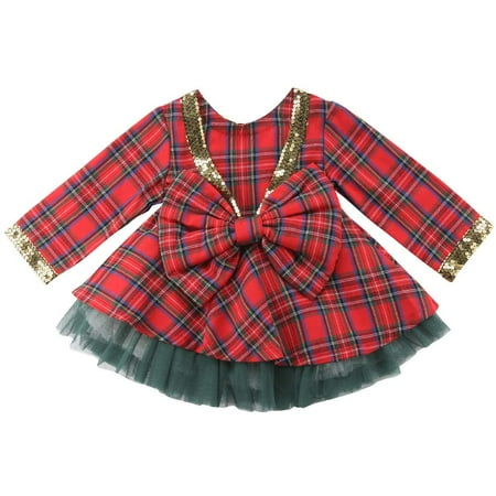 

Kids Baby Girls Christmas Dress Long Sleeve Sequin Bow Mesh Skit Double Layer Party Dress Clothes
