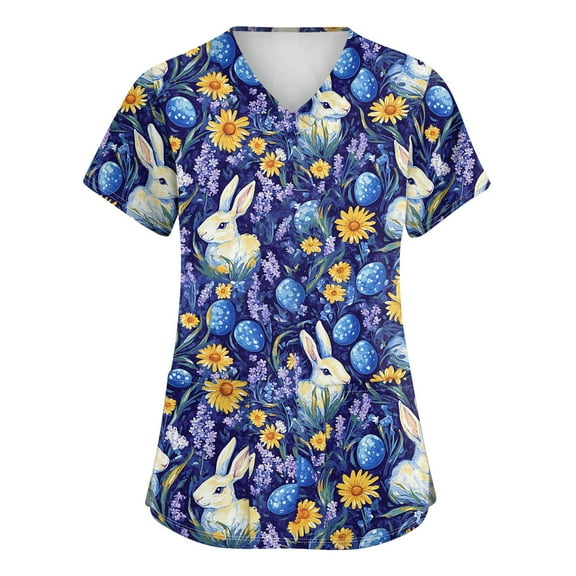 Women Easter Scrubs Tops Stretchy V-Neck Scrubs Top Breathable Working Uniform Bunny Egg Print Plus Size Shirts Tee Tops