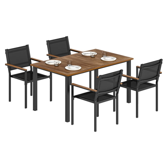 Outdoor Dining Set for 4, Patio Table and Chairs, 59" Acacia Wood Table, Stackable Chairs