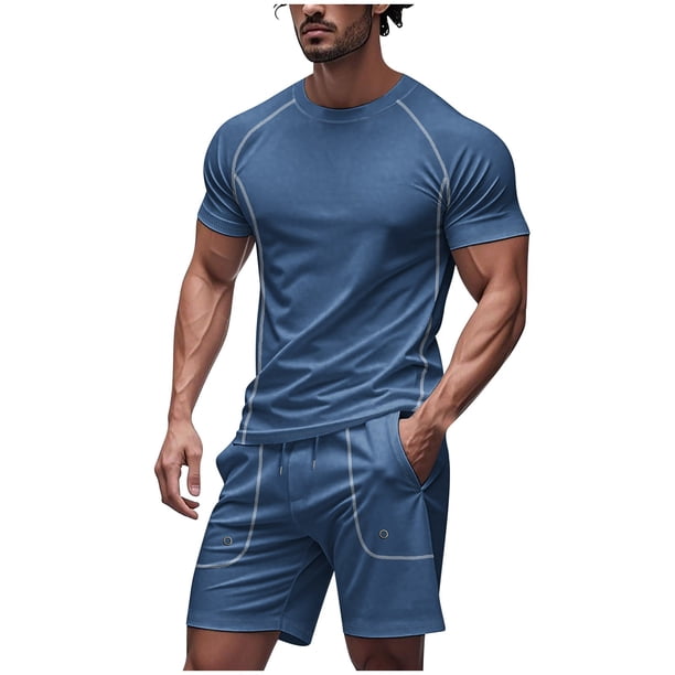 Conjunto de Ropa Deportiva para Hombres, Manga Corta Casual de Verano Cuello Redondo Y Pantalones Cortos de Hombro de 2 Piezas para Correr Y Gimnasio, Traje Atlético
