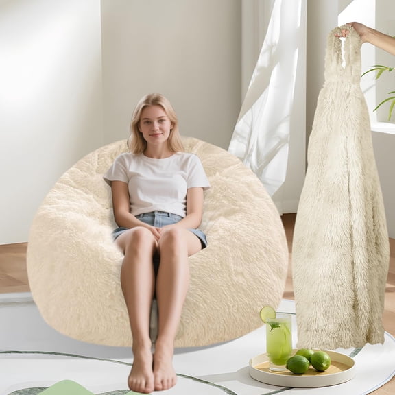 Fluffy Memory Foam Bean Bag Chair Cover (No Filler),Faux Fur Comfy Bean Bag Cover for Living Room,for Organizing Plush Toys or Textile (white)