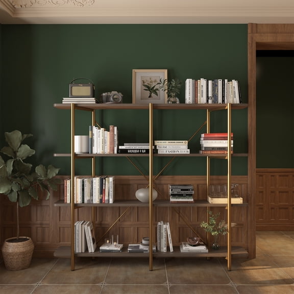 Clihome 74.6 inch Stainless Steel Storage Rack, 4-Tier Bookshelf Solid Wood Storage Shelf