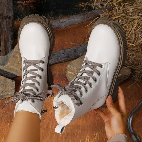 AUNVITO Women's Winter Warm Ankle Boots Faux Leather Side Zipper Front Lace-Up Low Heel Solid Color Black/White