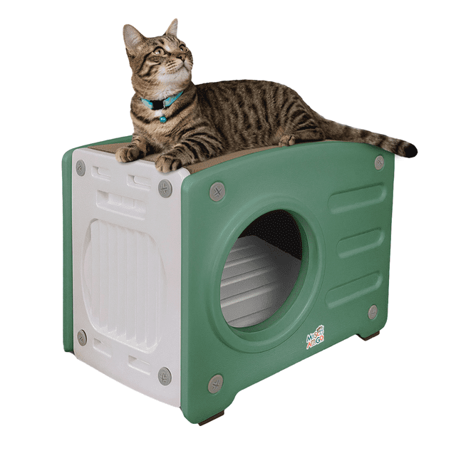 Casa para Gato con Rascador MASCOAMIGO Interior / Exterior Térmica, Lavable Fácil de Armar Color Verde