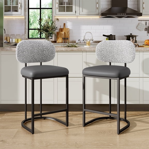Summit Living Counter Height Bar Stool with Back Set of 2, 24.8" Modern PU Upholstered Bar Chair with Metal Frame, Gray