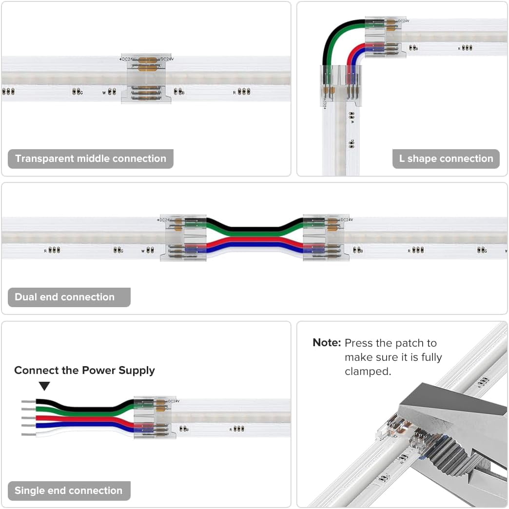 FCOB 5Pin 12mm 0.47in Transparent Connector Kit 30pcs Strip to Wire 30pcs Gapless Solderless Connectors 10pcs 5.9in Long 24AWG Extension Wire Support FCOB RGBW (+ R G B W) LED Strip