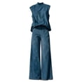 thumbnail image 6 of Cagogo Women Plus Size High Neck Sleeveless 2 Piece Set Casual Loose Fit Solid Summer Vacation Outfits Boho Print Pants Matching Lounge Sets Cruise Travel Clothes, Dark Blue L, 6 of 6