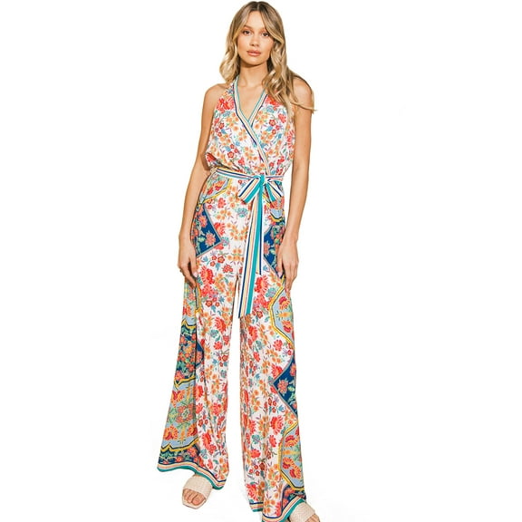 Flying Tomato Women's Juniors Boho Printed Halter Wide Leg Jumpsuit (Ivory, Small)