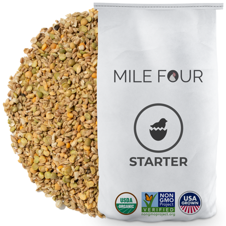UPC: 0737488079678 | Mile Four | Starter Organic Chick Feed | 100% US Grown Grains  Certified Organic  Certified Non-GMO  Corn-Free  Soy-Free  Non-Medicated Chicken Food | 21% Protein | Whole Grain | 23 lbs.