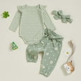 thumbnail image 2 of masbird Newborn Baby Girl Fall Outfits Rib Frill Long Sleeve Ruffled Romper Pants Headband Set 3Pcs Winter Clothes 0 3 6 12 18 24 Months(Light Green,6-12 M), 2 of 5