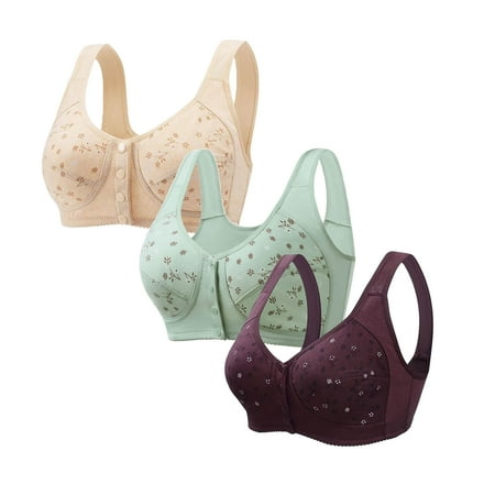 Ecqkame 3Pc Bras for Women No Underwire Wireless Lace Comfortable Breathable Bra Front Closure Push Up Plus Size Bras 3PC Khaki B XXXL on Clearance
