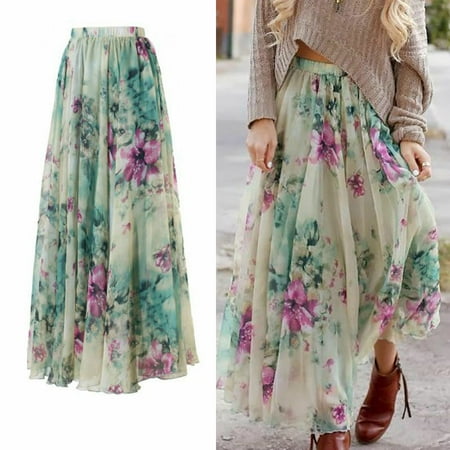 - New Women Chiffon Floral High Waist Maxi Dress Skater Flared Pleated Long Skirt