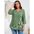 thumbnail image 5 of SHOWMALL Plus Size Floral Tops for Women, 3/4 Sleeve Button V Neck Vacation Tunic Blouse, Moss Green Cascading Floral, Size 3X, 5 of 6
