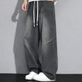 thumbnail image 6 of YLSDY Men's Patch Pocket Wide Leg Jeans, Elastic Waist Drawstring, Classic Loose Fit Denim Pants for Casual Wear Black L, 6 of 7