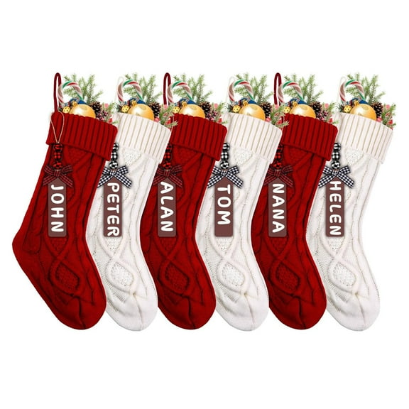TETOU 6Pcs 18in Christmas Stockings,Large Cable Knitted Xmas Stockings with Personalized Name Tags,Christmas Decorations Hanging Ornaments Gift Bag for Holiday Xmas Tree Party Fireplace(Red, White)