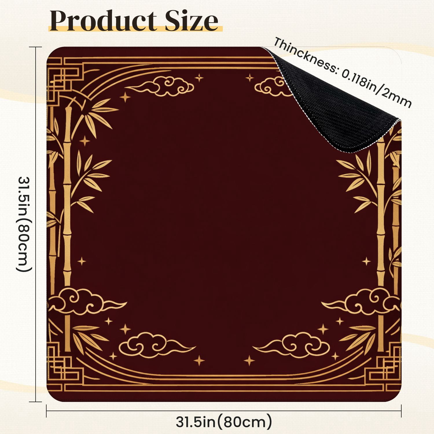 Mahjong Mat 31.5" x 31.5" Elegant Gold Bamboo Cloud Geometric Dark Red Non-Slip Noise Reduction Mahjong Tiles Table Cover for Dominoes Poker Card Board and Tile Games