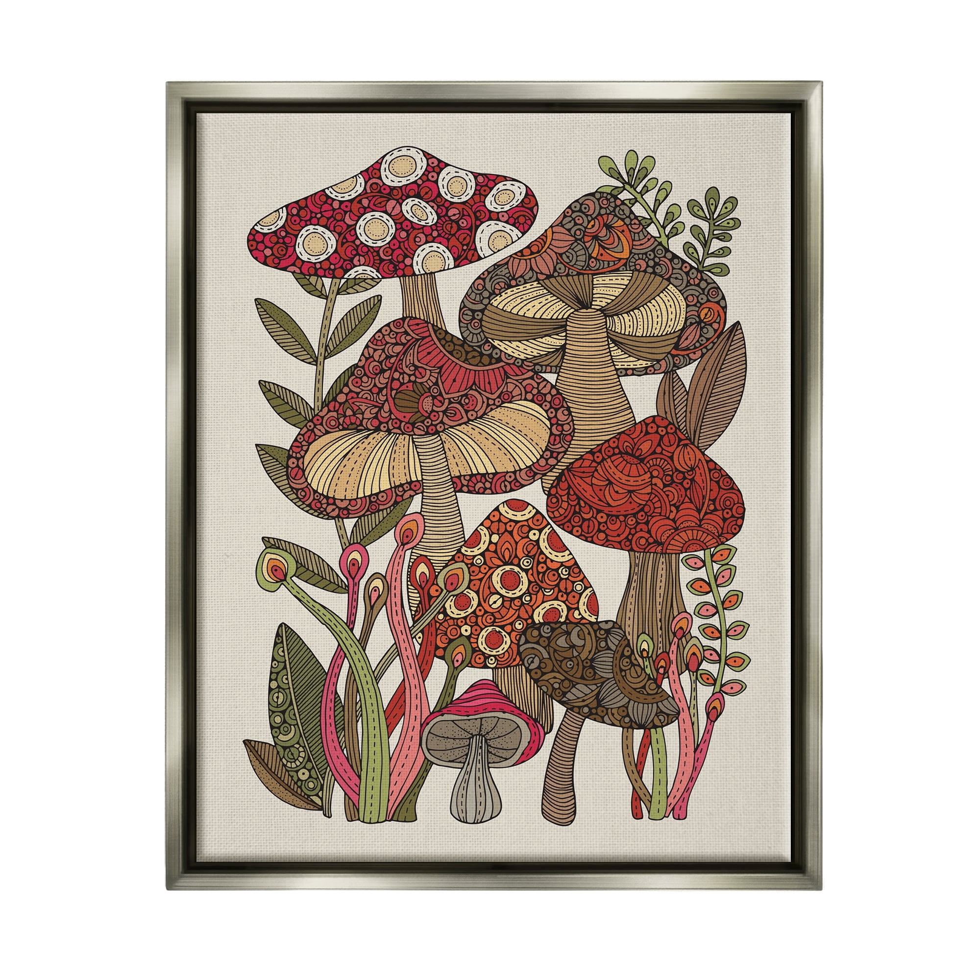 Stupell Industries Layered Mushrooms Nature Botanicals Intricate Floral Patterns Graphic Art Luster Gray Floating Framed Canvas Print Wall Art, Design by Valentina Harper