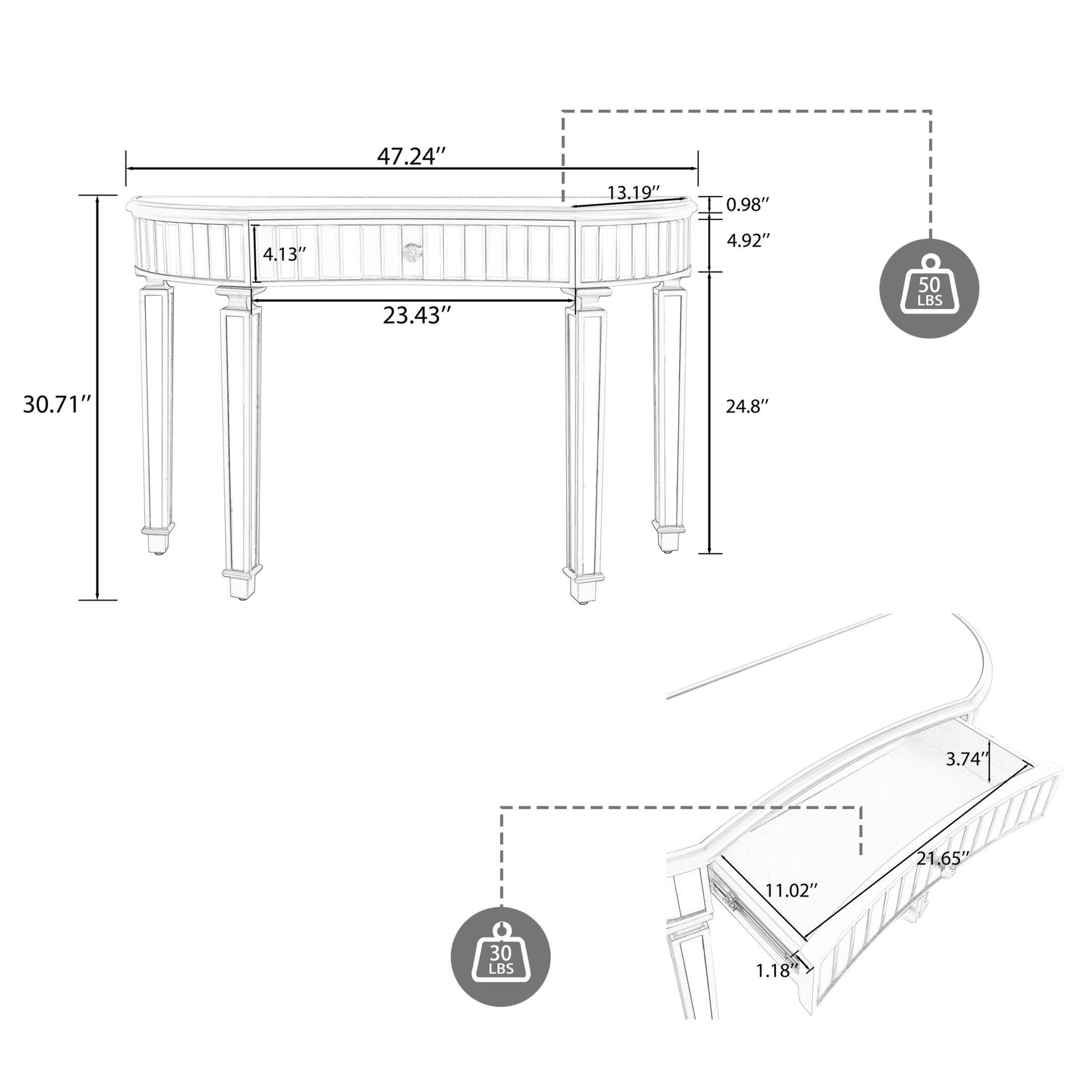 Noble House Half-Moon Mirrored Console Table with Fluted Glass & Crystal Knob Drawer - Silver Entryway Vanity Desk for Bedroom/Dressing Room,Golden+Silver
