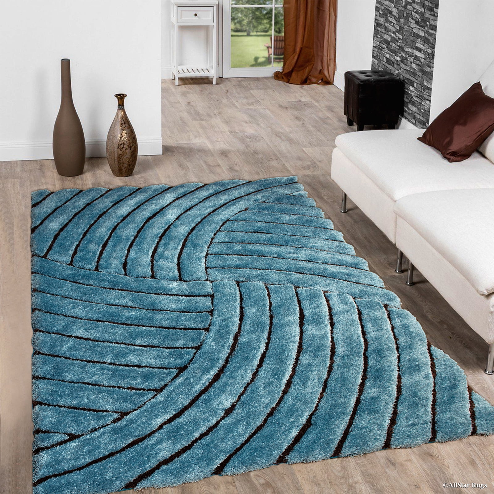 Allstar Sky Blue Shaggy Area Rug with 3D Design with Black Lines