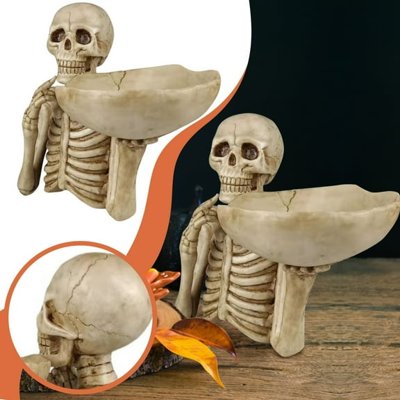 Skeleton Candy Bowl Holder for Halloween Parties, Spooky Tabletop Decoration, Durable Resin Skeleton Snack Dish for Indoor Outdoor Events, Unique Haunted House Accessory for Trick or Treating