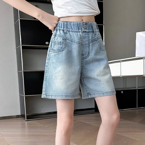 XIMIN Teen Kids Girls Loose Fit Baggy Summer High Waisted Denim Shorts Retro Wide Leg Elastic Waist Casual Baggy Jean Shorts with Pocket Active Jorts