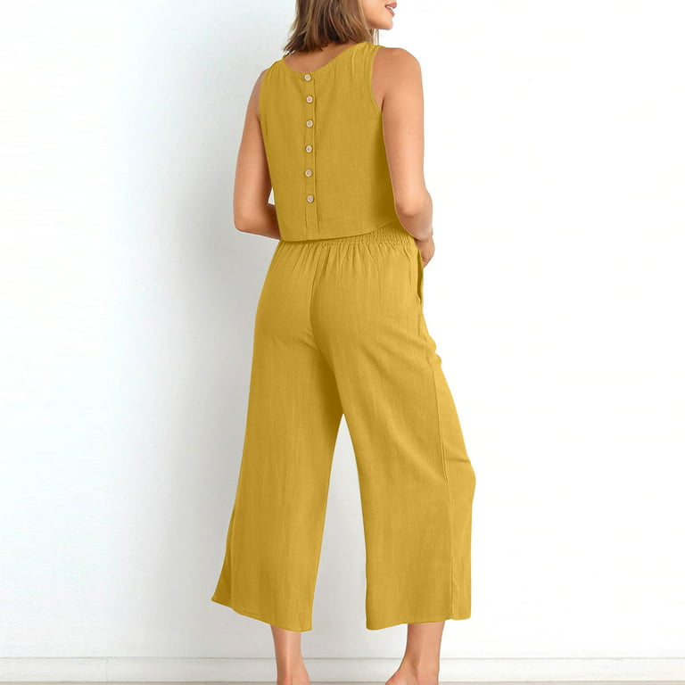 Summer Soft Sleeveless t-shirt And Pant 2PCS Set Yellow Color
