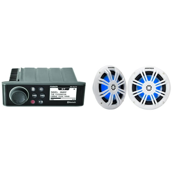 Fusion Entertainment MS-RA70 Marine Entertainment System with Bluetooth With 1 Pair 51KM604WL KM 6.5" 4Ω LED Marine Coaxial Speakers - Pair