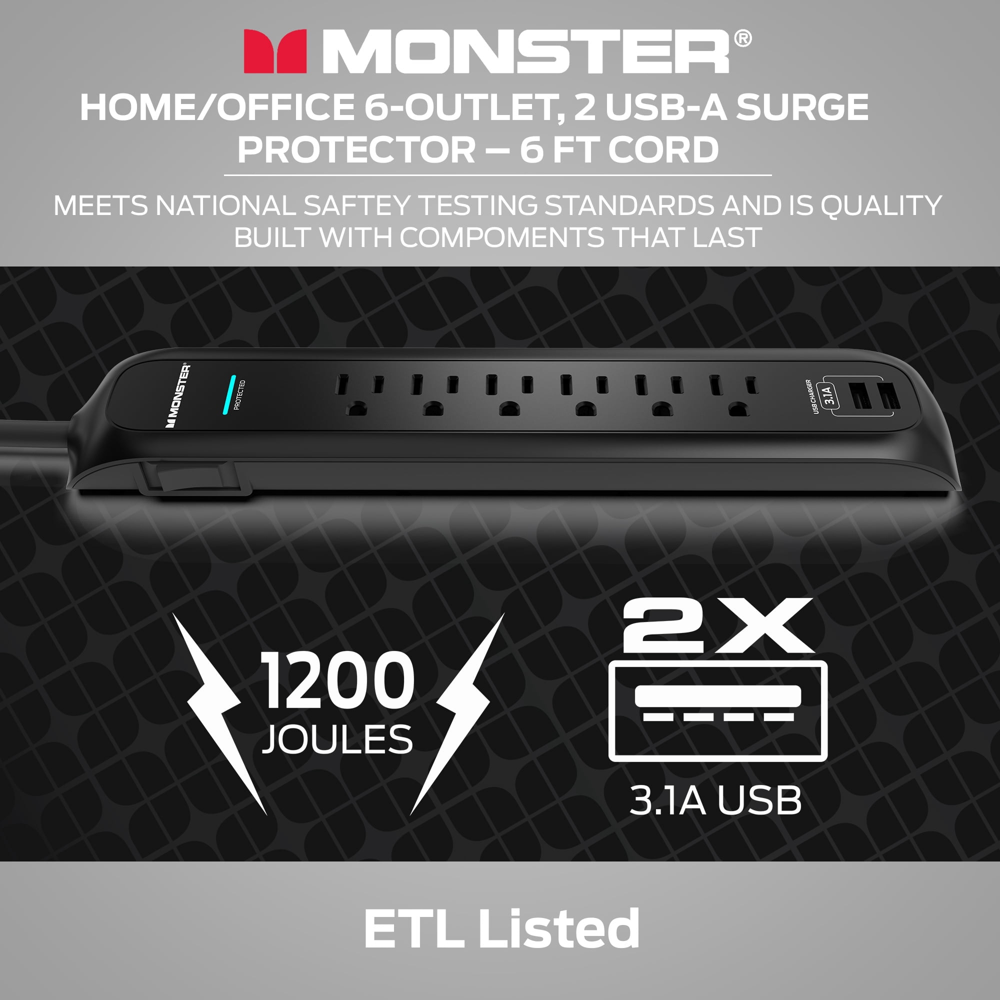 Monster 6ft Black Power Strip and Tower Surge Protector, Heavy Duty Protection for with 1200 Joule Rating, 6 120V-Outlets, and 2 USB-A Ports- Ideal for Computers, Home Theatre, Home Appliances,