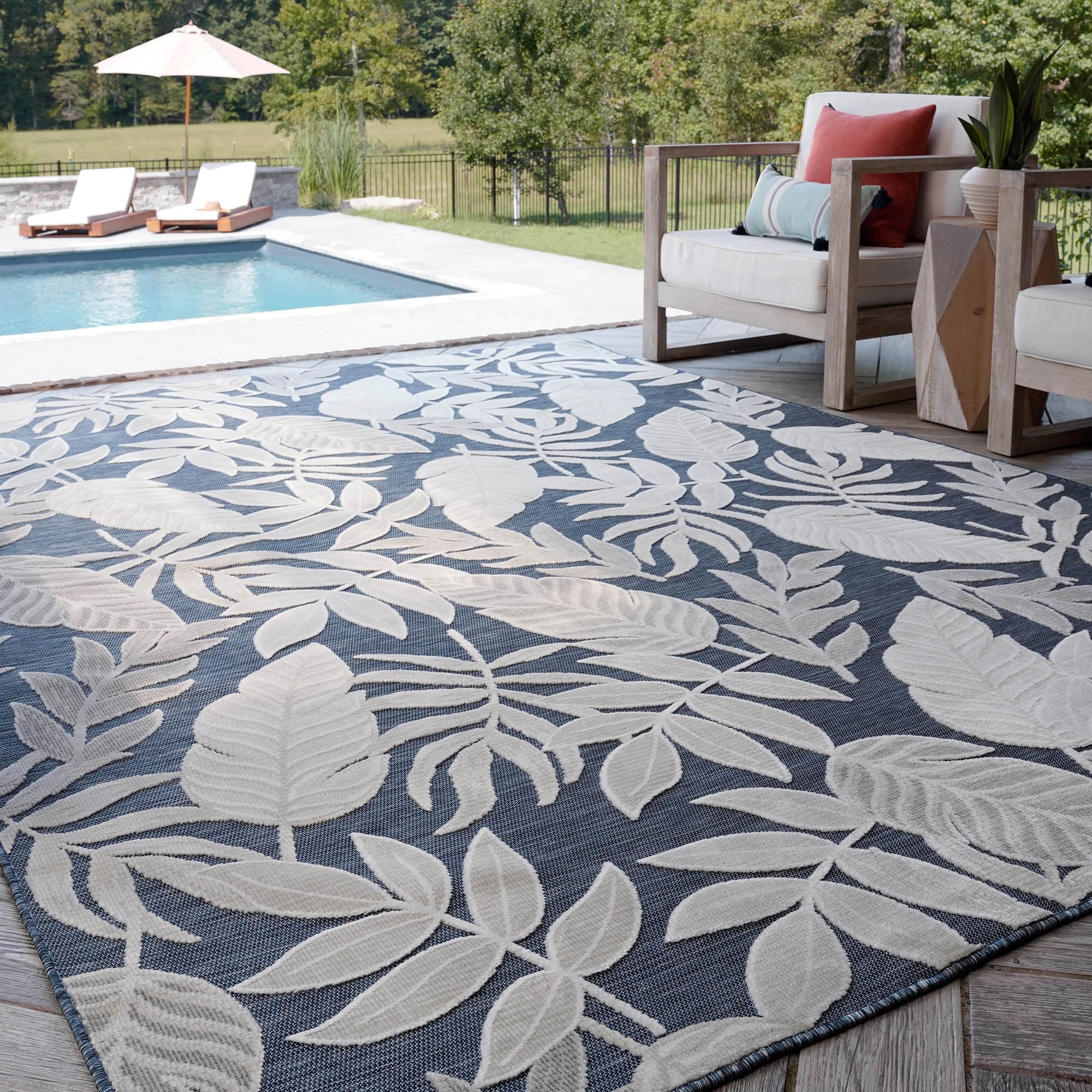 5x7 Water Resistant, Indoor Outdoor Rugs for Patios, Front Door Entry, Entryway, Deck, Porch, Balcony | Outside Area Rug for Patio | Dark Blue, Floral | Size: 5'1'' x 7'3''