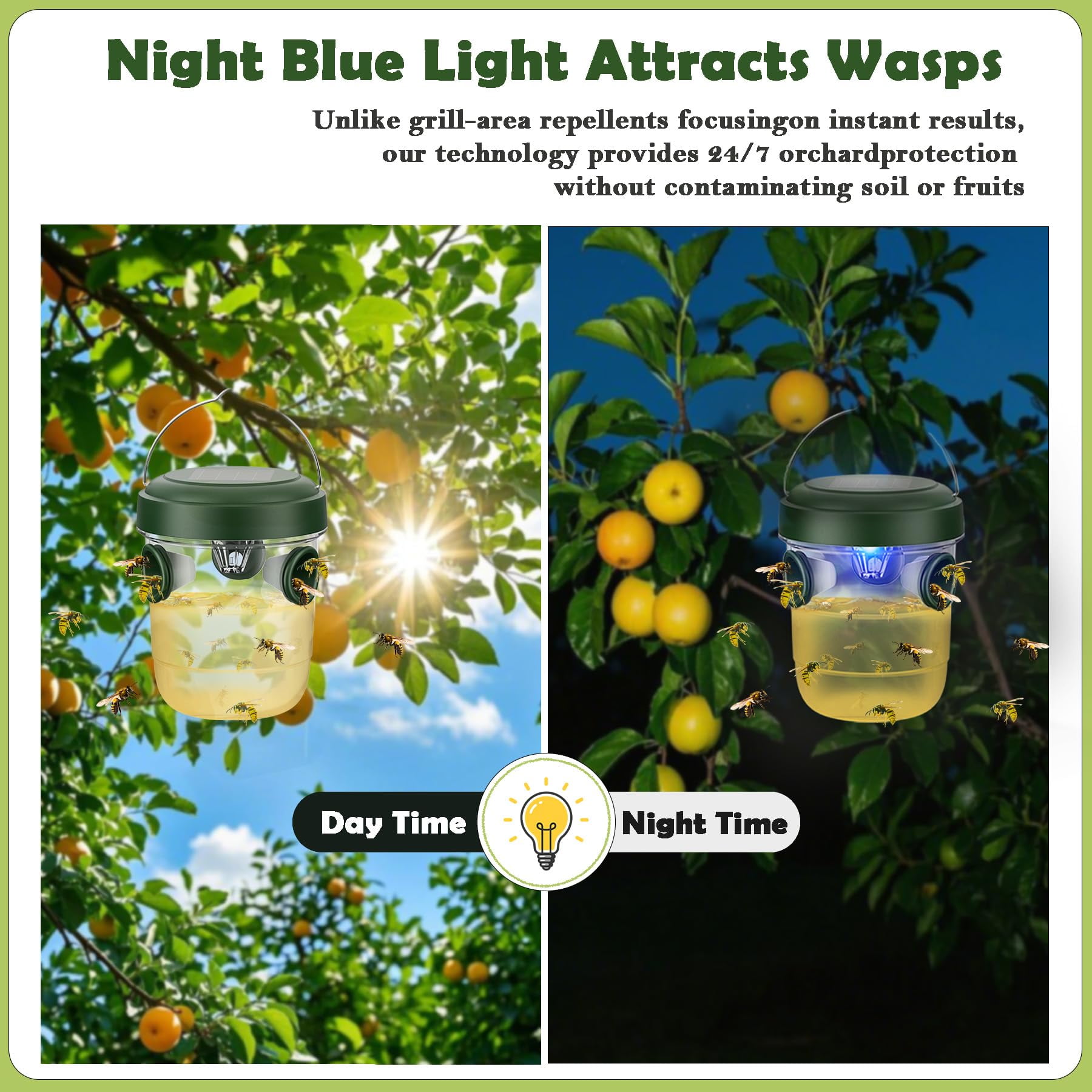 Meottam Solar Powered Wasp Traps Outdoor Hanging, New Upgrade Wasp Trap Bee Insect Killer with LED Light, Hornet Trap for Outside Garden, Patio, Backyard, Camping, 2 Packs