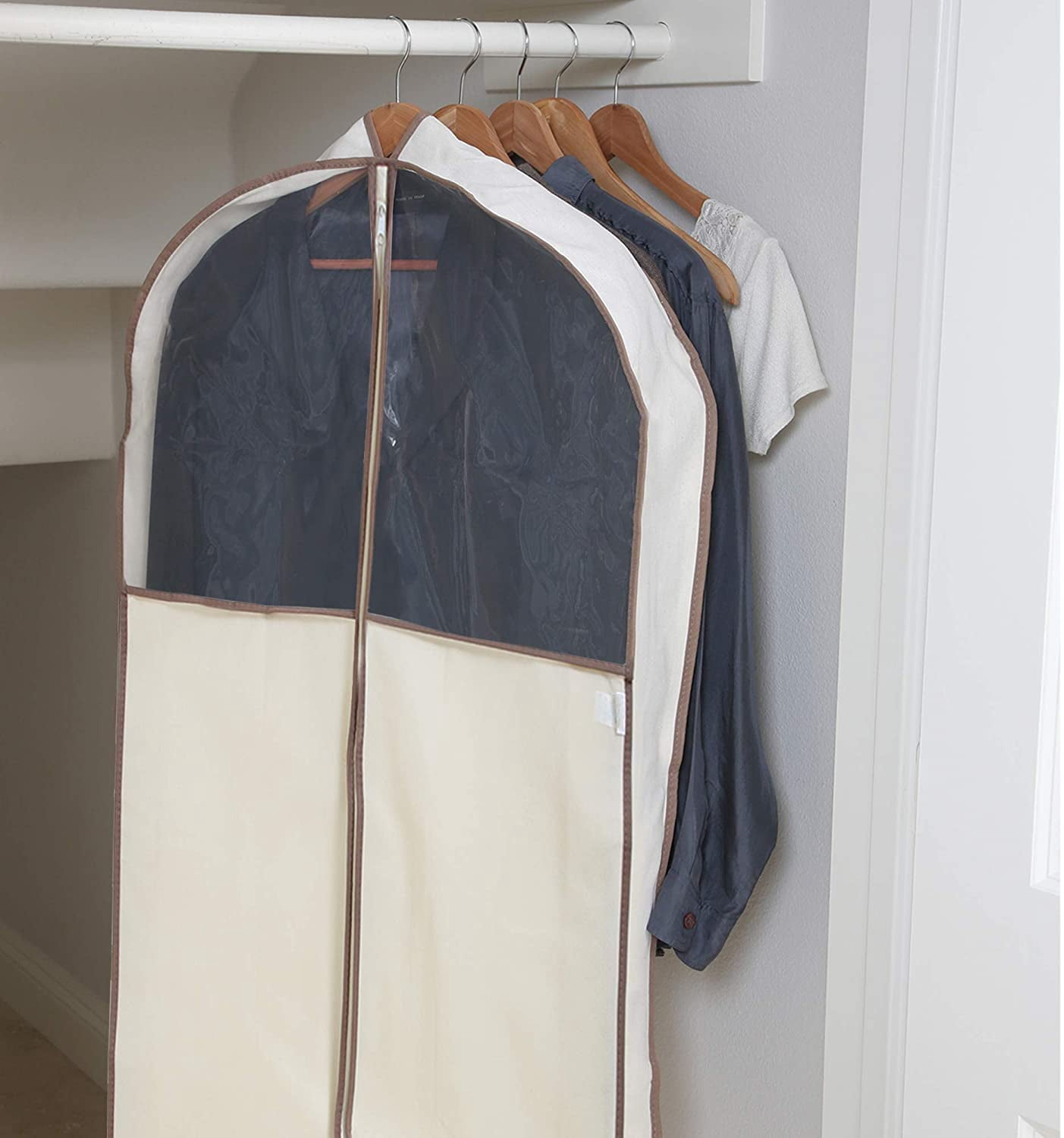 Smart Design Gusseted Garment Bag with Clear Window - Set of 6 - 24 x 54 Inch - Includes Zipper Closure and Travel Loop - Suits, Dresses, and Gowns Storage Organization - Beige