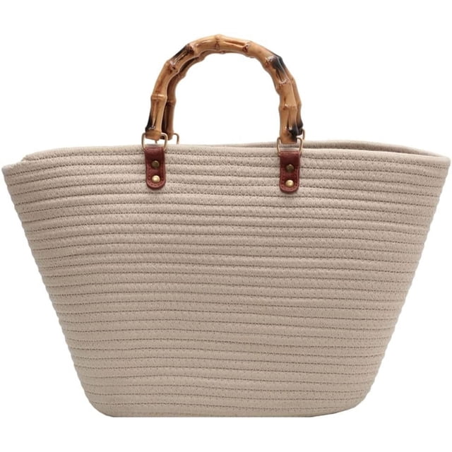 LHSHID Summer Beach Bag for Women Bamboo Handle Handbag Purse Soft Woven Tote Bag Handmade Beach Purse for Vacation