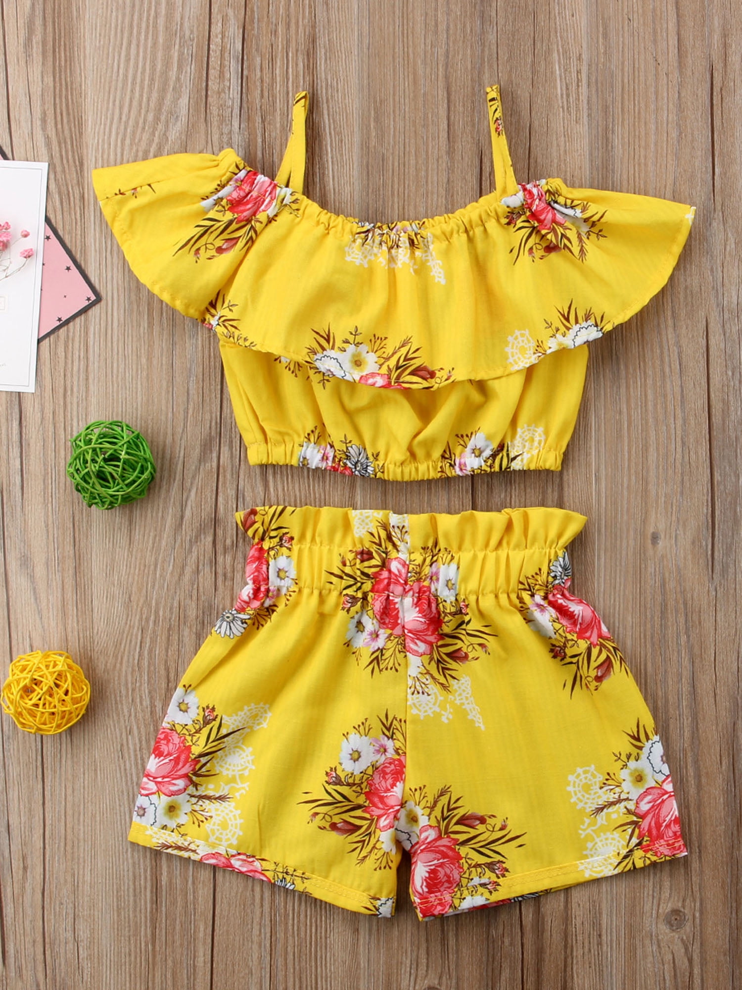 Canrulo 3Pcs Toddler Baby Girls Summer Clothes Off Shoulder Halter Tops Flared  Pants Leggings Outfits Yellow 5-6 Years 