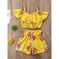 thumbnail image 2 of Summer Toddler Baby Girl Clothes Off Shoulder Ruffle Sling Crop Tops Short Pants 2Pcs Outfits, 2 of 7