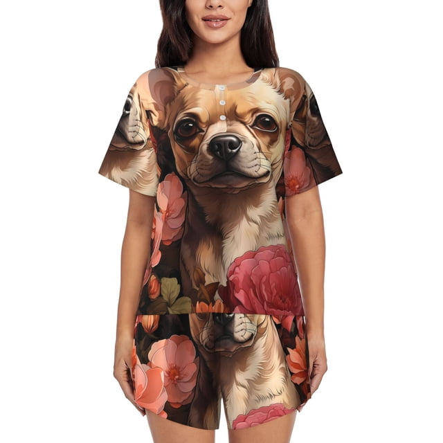 Fotbe Vintage Red Flower Chihuahua Conjunto de Pijama Estampado para Mujer, 2 Piezas, Ropa de Dormir con Camiseta de Manga Corta y Shorts Suaves-XX-Large