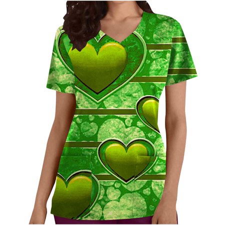 

Gallickan Holiday Scrubs Tops for Women St. Patrick s Day Fashion Womens V-Neck Casual Short Sleeve Printed Pockets Ladies Tops Blouse Sales Promotion!