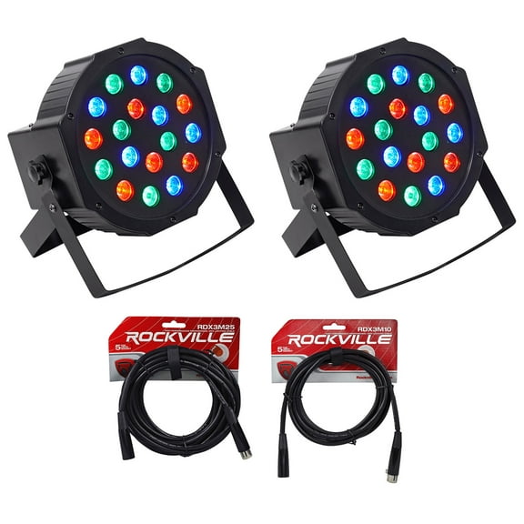 (2) Rockville RockPAR50 LED RGB Compact Par Can DJ/Club DMX Wash Lights Cables